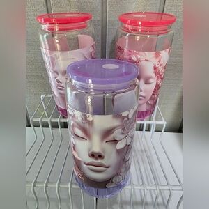 Glam Floral Face Design Tumbler with Lid and Straw